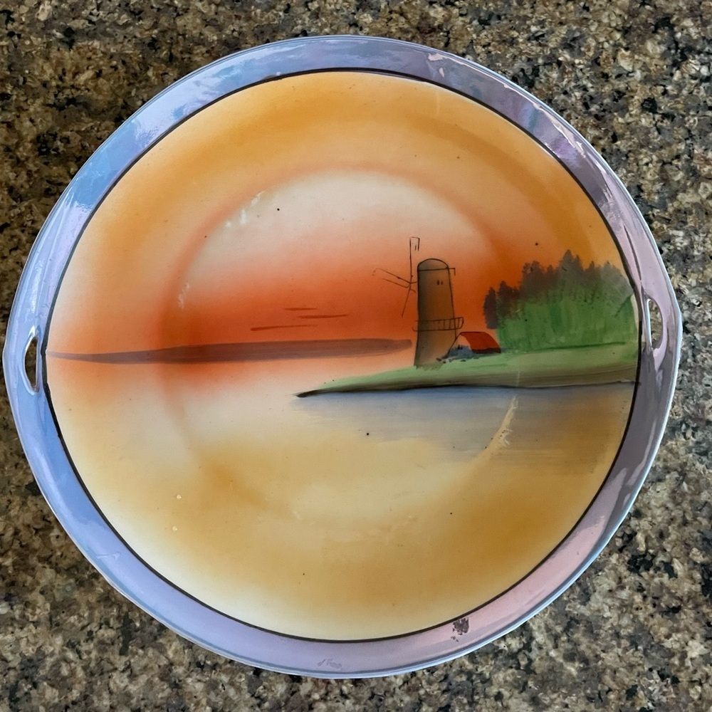 Vintage Japan Lusterware Handpainted Windmill Plate, Orange Yellow Green Sunset.